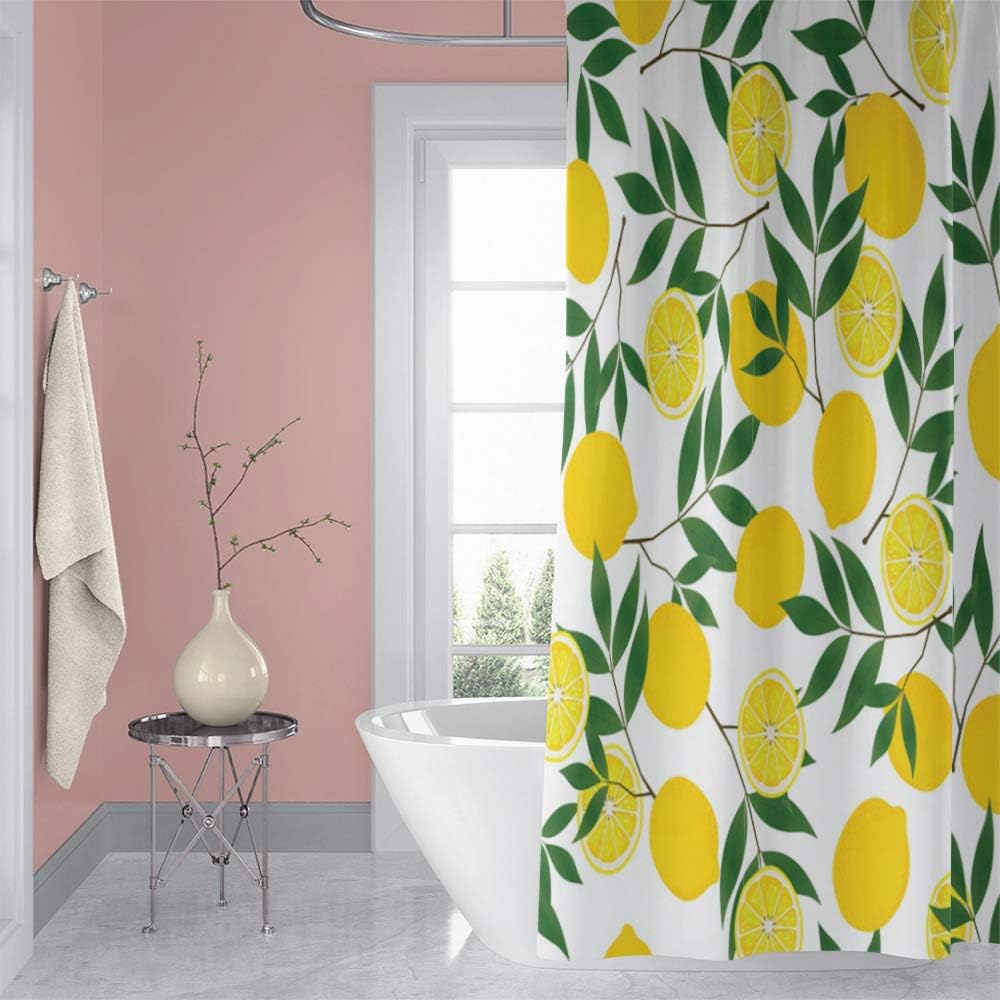 OERJU 72x84inch Watercolor Lemon Shower Curtain Green Leaves Yellow Fresh Fruit Girly Style for Bathroom Decor Waterproof Fabric Polyester Bathtub Shower Curtain Liner Hotel Quality with Hooks