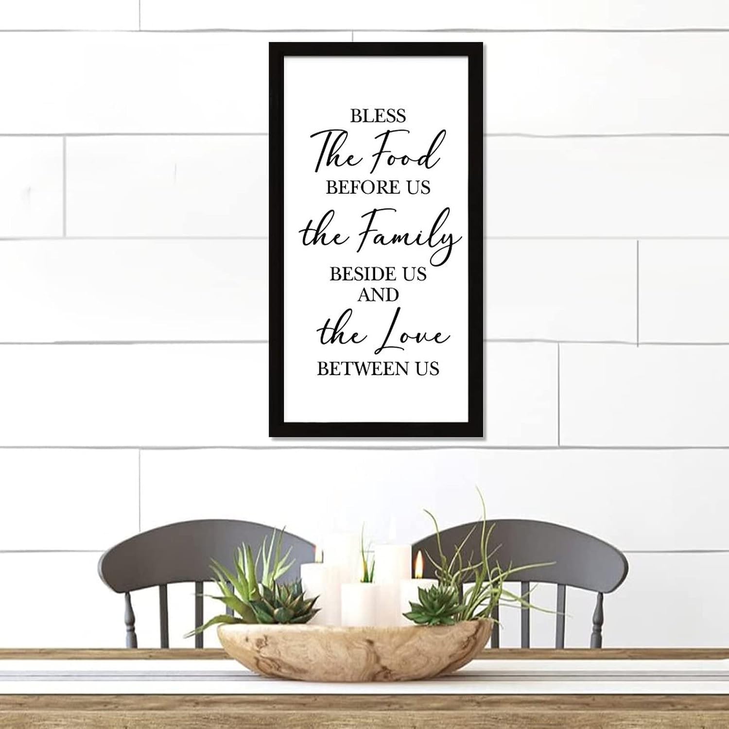 Encouragement Quote Hanging Wall Framed Wood Sign Positive Saying Bible Verse Bless the Food Before Us the Family Black Frame Wooden Plaque for Shelf Cafe Bar Farmhouse Wall Decor 22x12in