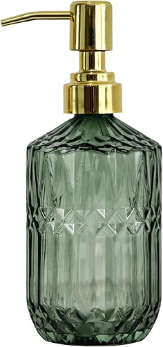 Dispensador de jabón de vidrio verde de 18 onzas, dispensador de jabón de vidrio grueso para cocina recargable, dispensador de jabón de vidrio