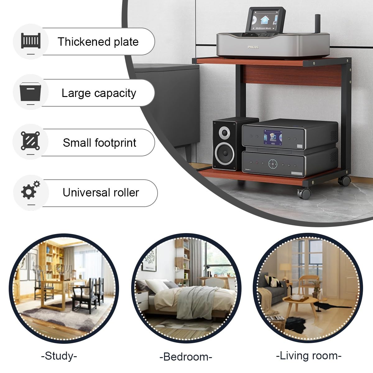 Mobile Audio Hifi Supporto Mdf,2 Livelli Mobile Rack Hifi,Dispositivi Di Streaming,Mobile Audio Hi-Fi Per Altoparlanti Rack Con Ruote Universali,Audio Av Tower,Ripiano Av Componenti Audio Video(Black,