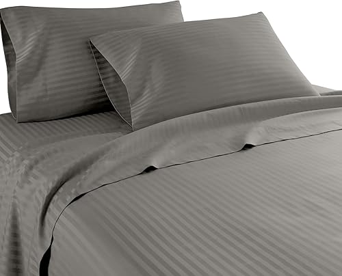 London Collection conjunto de sábanas de 4 unidades de 800 hilos resistente a las arrugas, tejido con 100 % algodón egipcio a rayas, Algodón, Gris,