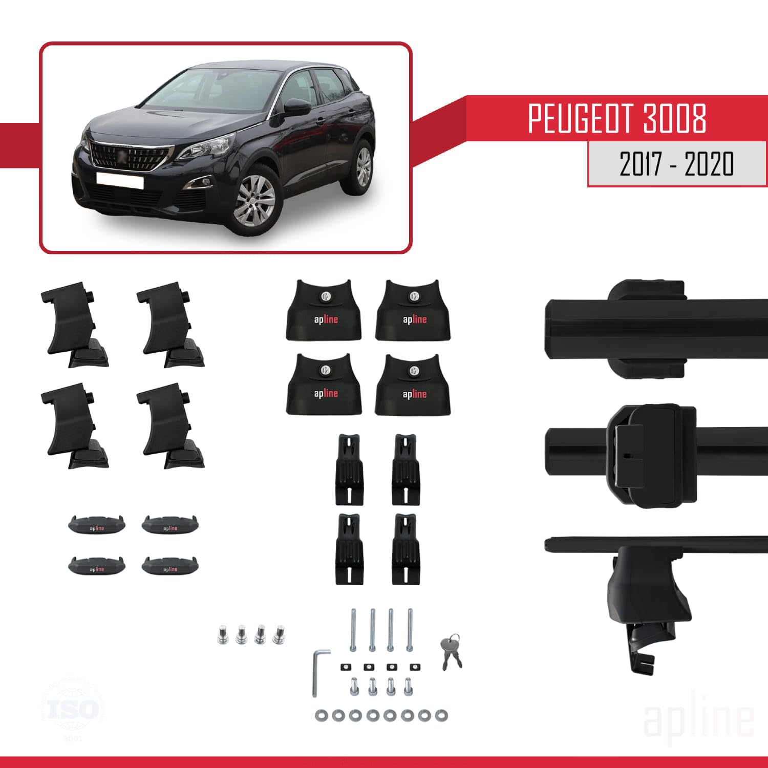 Bagażnik dachowy kompatybilny z Peugeot 3008 2016-2020, bagażnik dachowy ACE-4, czarny