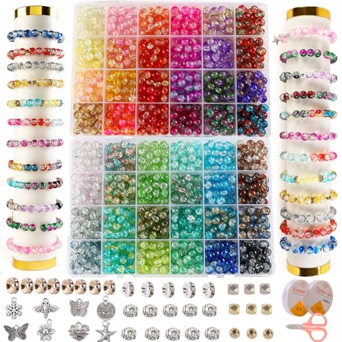 XJRLUK Glass Beads Bracelet Making Kit 1350PCS 48 Colors 8mm Crackle Glass Beads for Jewelry Making Crystal Glass Round Beads Friendship Bracelet kit for DIY Crafts Gifts