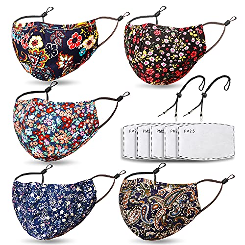 MOTEM Reusable and Washable Face Mask for Women Build-in Nose Wire and Filter Pocket,With 5 Filters ,2 Adjustable Lanyards ,Breathable Dust Cloth Fabric (Bohemian)