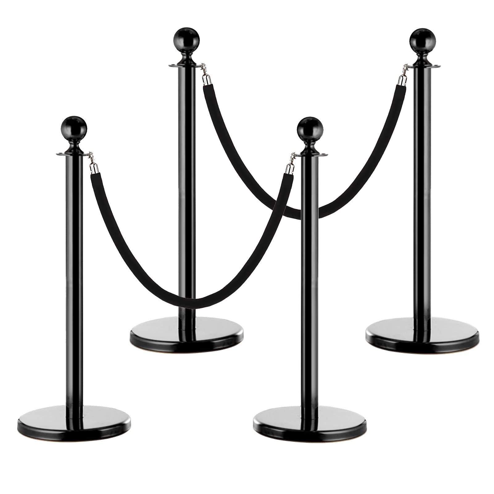 WOTZOV Stanchion Rope, Crowd Control Rope Barrier Heavy Duty Black Queue Stanchion Post 4Pcs, Commercial Museums Theater Exhibition Queue Barriers, Crowd Control Poles,Black Rop,Black Rope