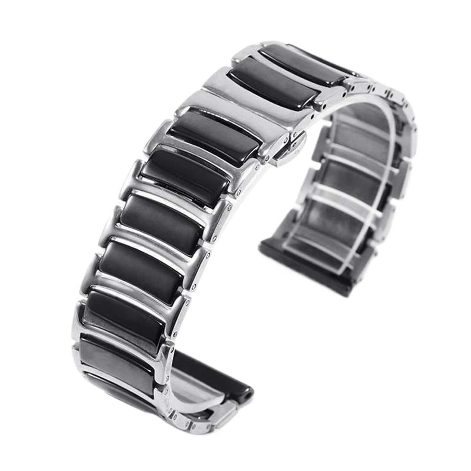 Correa de cerámica para Reloj de Mujer y Hombre, Pulida (Plata y Negra, 20 mm)