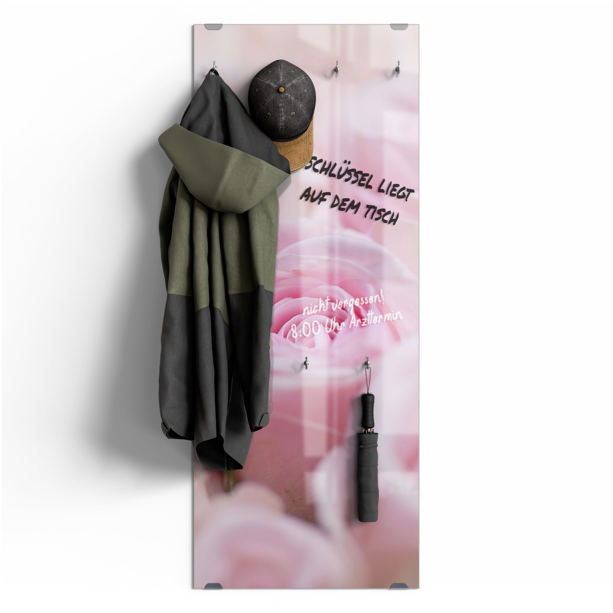 DEQORI Wieszak na ubrania ze szkła z nadrukiem motywu, wzór pionowy, 50 x 125 cm, motyw delikatnych płatków róży, szkło bezpieczne ESG z 7 haczykami, możliwość zapisywania i łatwe w montażu – łatwe w