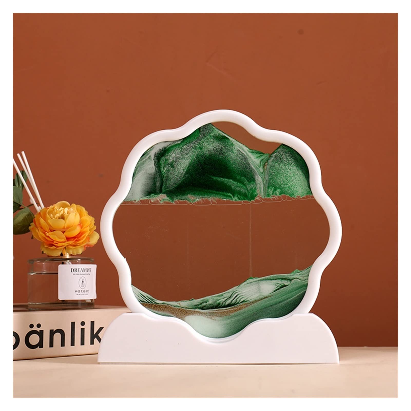 Meiiron Moving Sand Art Picture, Sandscapes 3D Deep Sea Display in Motion Dynamic Flowing Grit Photo Hourglass Desktop Art Sensory Relaxing Desktop Decor Party Gift (Color : White Frame-Green)
