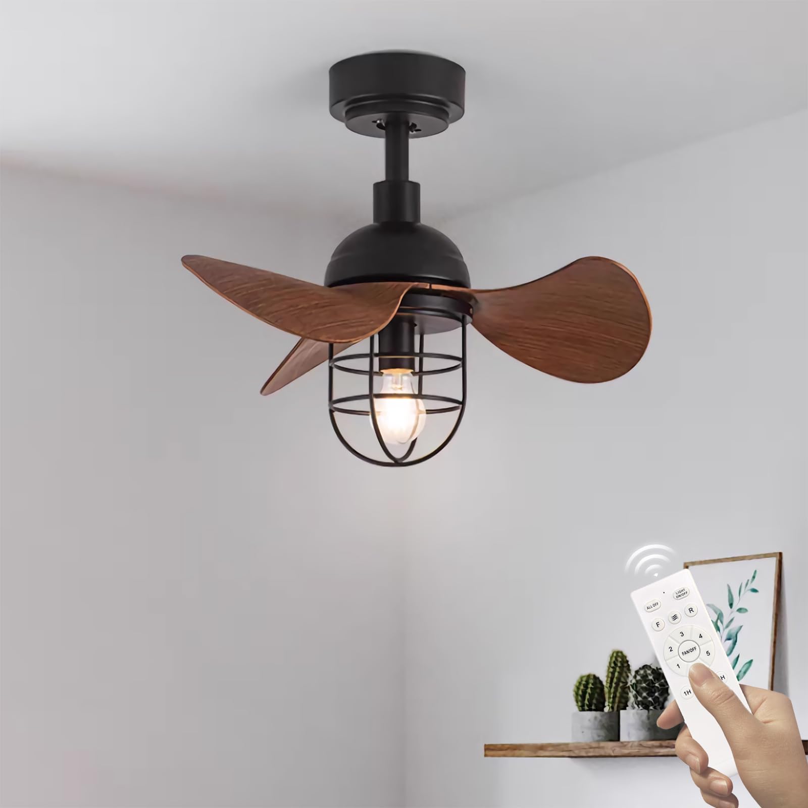 Lrenjon Retro 3 Blade Ceiling Fan with Light and Remote, 6 Speed Quiet Ceiling Fans with Lamps Reversible Dc Motor Timer 2 Boom, E27 Fan Light, Caged Small Ceiling Fan Lights for Bedroom