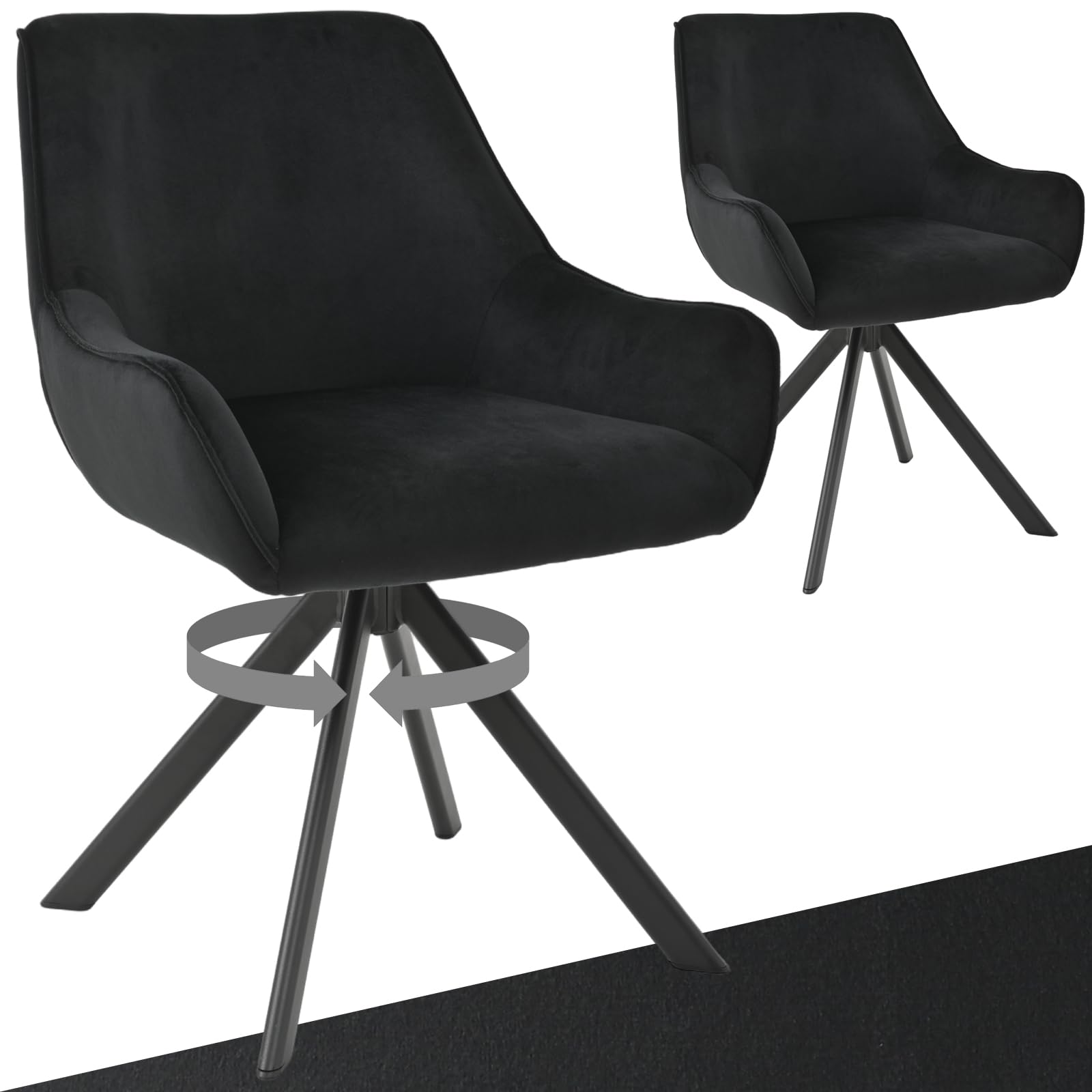 Goeurvant Esszimmerstühle Drehbar 2er Set mit Armlehne – 360°Drehbar Polsterstuhl Samt Modern Drehstuhl Küchenstuhl mit Metallgestell und Rückenlehne für Esszimmer, Wohnzimmer, Büro, Schwarz