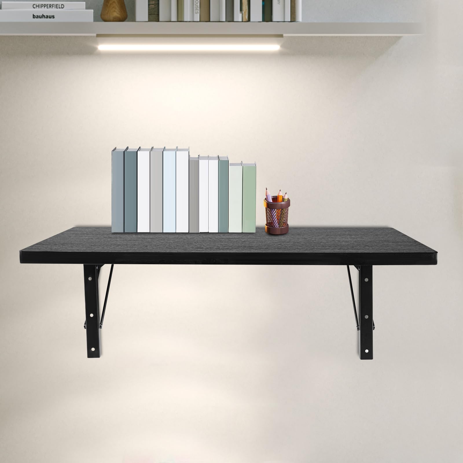 Mesa plegable robusta de acero y madera para montaje en pared con una fuerte capacidad de carga de 250 kg, ideal para pequeños apartamentos y talleres como solución de ahorro de espacio (negro