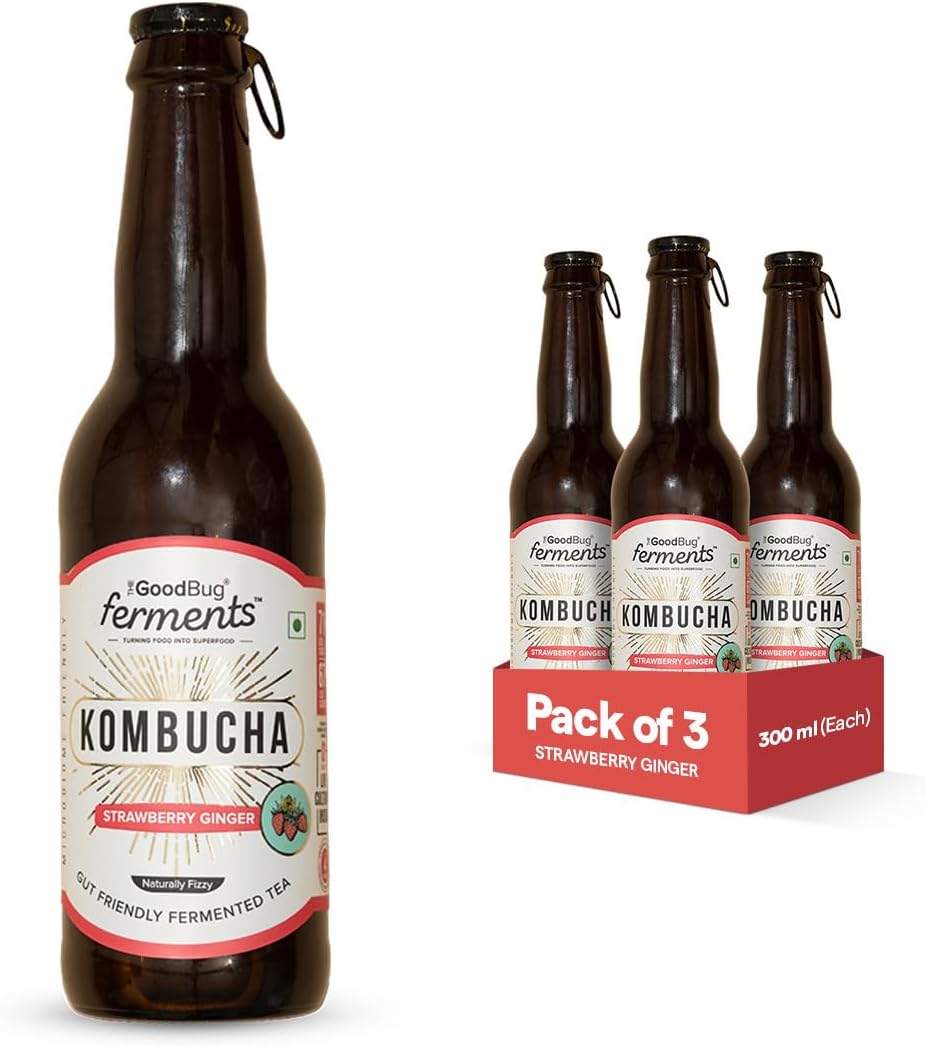 The Good Bug Kombucha | Strawberry Ginger | Fermented Tea | 1 Bn. CFU Live Cultures | Gut Friendly | Gluten free | Immunity Booster | Antioxidant and Hydration | Pack of 3 | 300 Ml