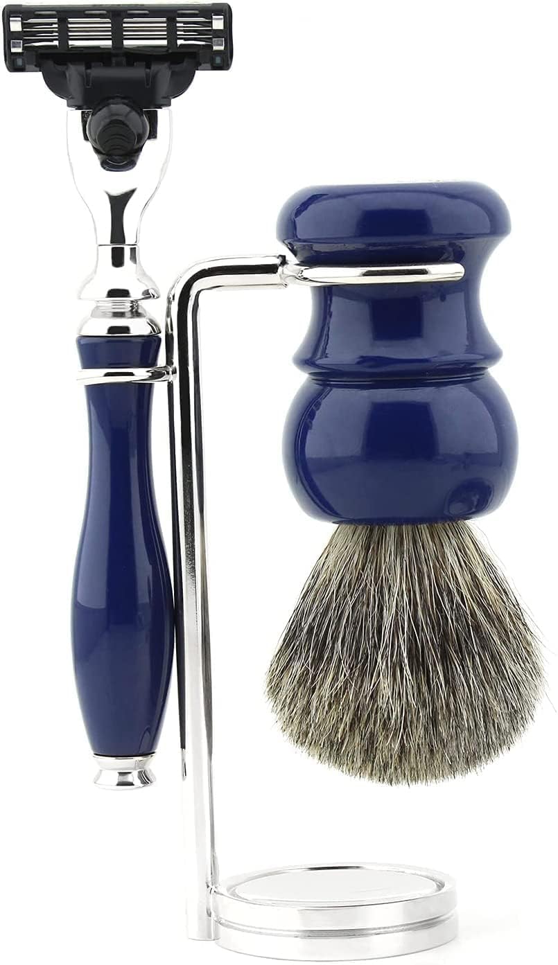 Rasierset mit 3-Klingen-Rasierer und Echt-/Super-Dachshaarpinsel, Rasierschale, Rasierständer in blauer Farbe