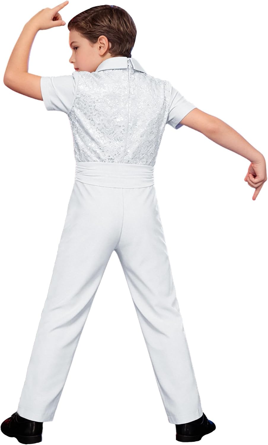 FEESHOW Boys Sequins Dance Leotard Short Sleeve Long Leg Unitard with Collar Back Zip for Latin Jazz Tango Performance