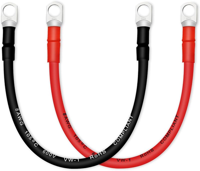 Cabo de bateria QIATOL 8 AWG com terminais de cobre de 3/8" – 30,48 cm, 2 unidades