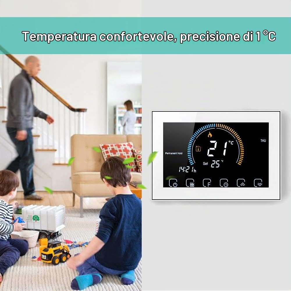 Kavolet Termostato WiFi Programmable per Caldaia Acqua/Gas LCD 5A | Smart thermostat con controllo vocale,display umidità/UV,Backlight LCD,APP remoto,con funzione di blocco del display
