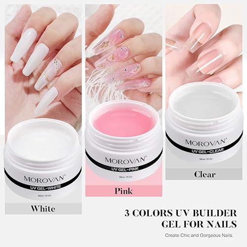 Miniatura 3 de Morovan Kit de constructor de gel para uñas, 3 colores, blanco, rosa, transparente, gel duro para uñas, juego de extensión de gel de construcción