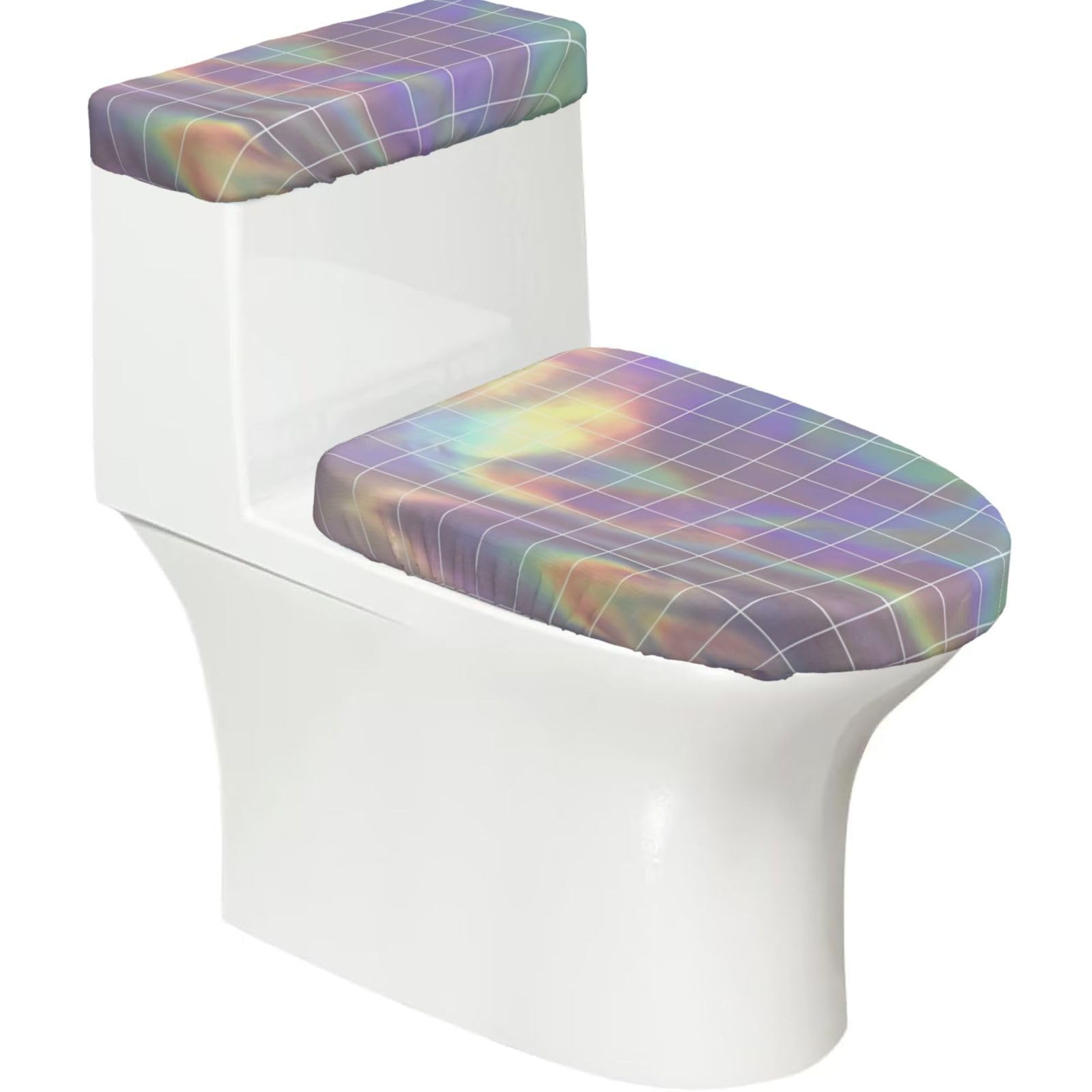 Flghjnbjn Black Reflective Square Printed Toilet Tank And Lid Cover Set Of 2 For Most Bathrooms, Fits Elongated Round Toilets