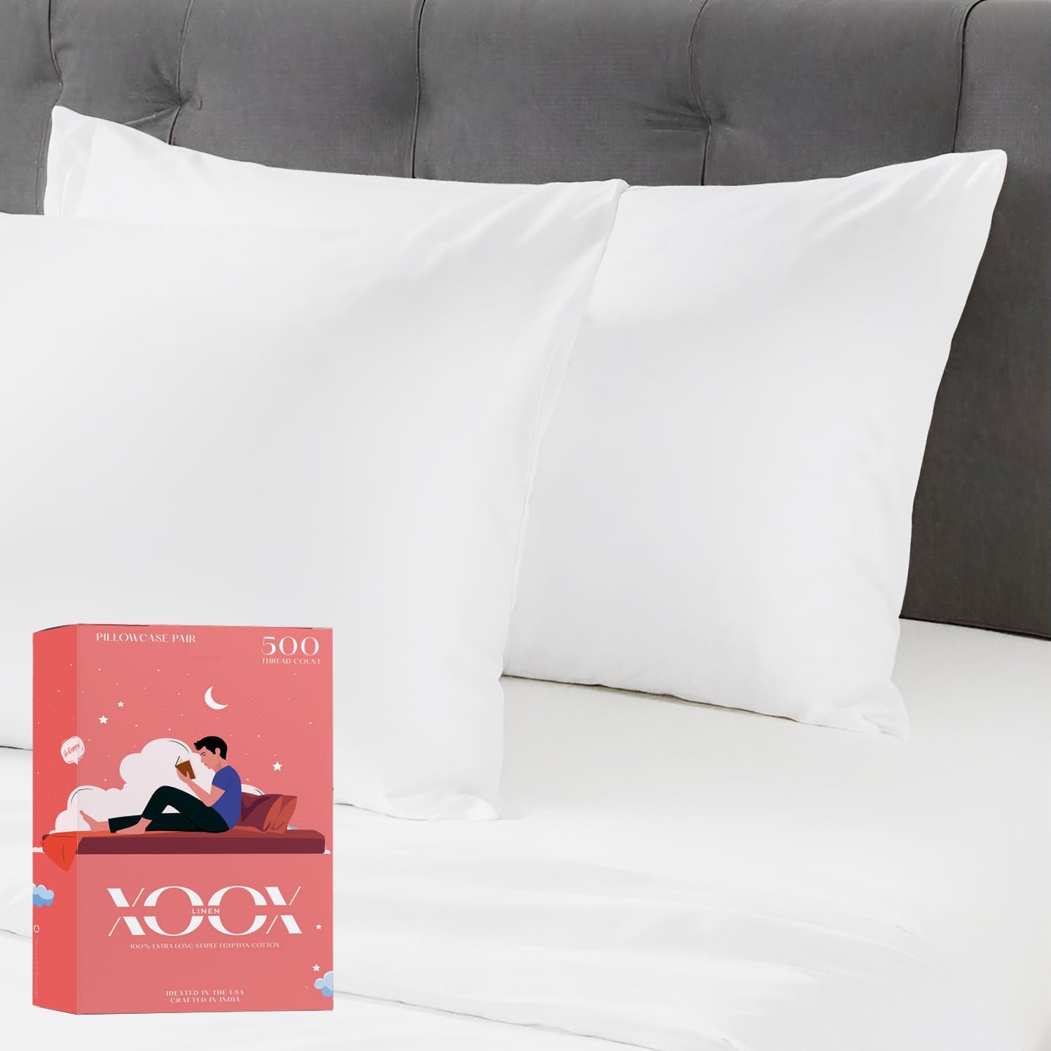 XOOX Linen 100% Egyptian Cotton Standard Pillowcases Set of 2 - Luxury 500 Thread Count Cotton Queen Size Pillowcases (White), Soft, Cooling, Breathable Sateen Weave Hotel Quality Pillow Cover