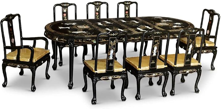 Black Lacquer Oriental Oval Dining Table Set, 8 Chairs 96in with Pearl Maidens - Inside Delivery Included