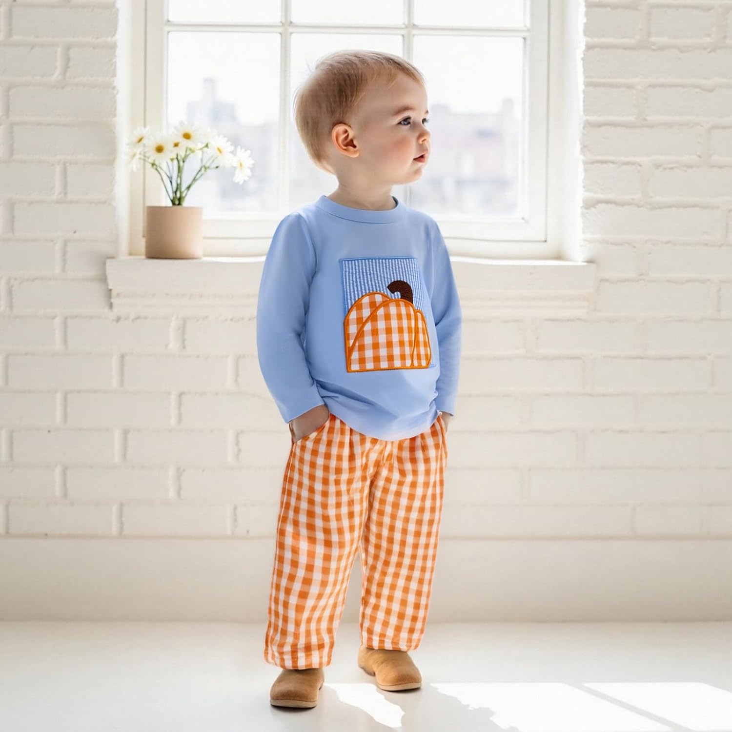 Toddler Baby Boy Halloween Pumpkin Outfit Long Sleeve Embroidery T-shirt Gingham Pants Two Piece Smocked Clothes - Image 7