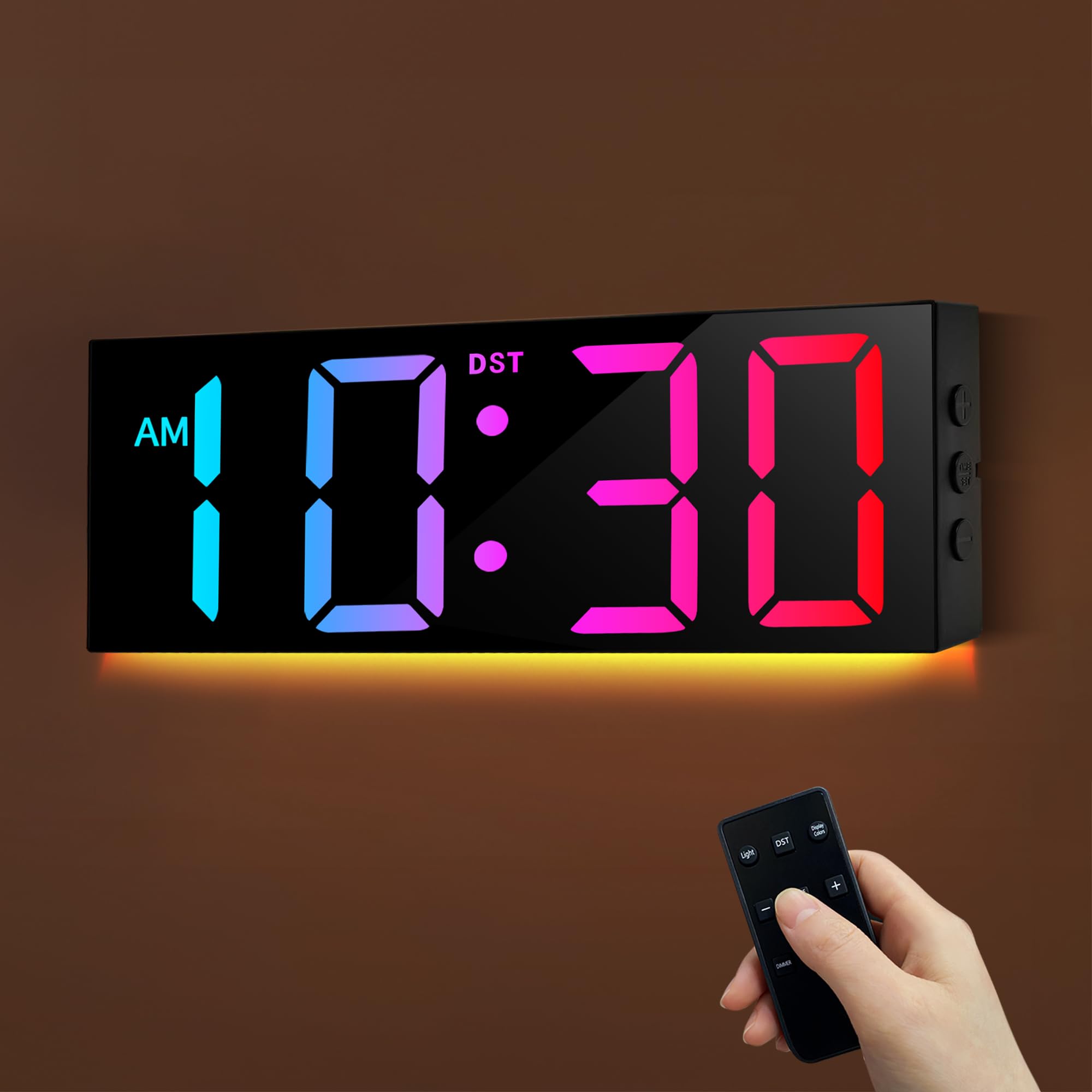 LEIKE 12'' Large Digital Wall Mount Clock with Remote Control, Big Modern LED Screen Dispaly, 8 RGB Color, DST, 12/24H, Auto Brightness, Night Light for Living Room, Bedroom, Kitchen Decor-Black