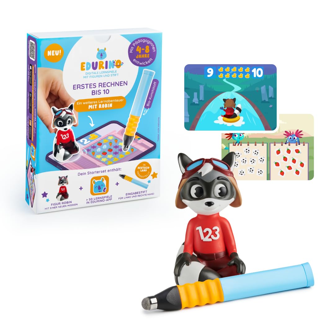 Edurino Robin - Juego de iniciación (primer cálculo hasta 10 (nivel 2) a partir de 4 años, incluye lápiz capacitivo, juego educativo innovador y digital, comprensión de números, ordenar y ordenar