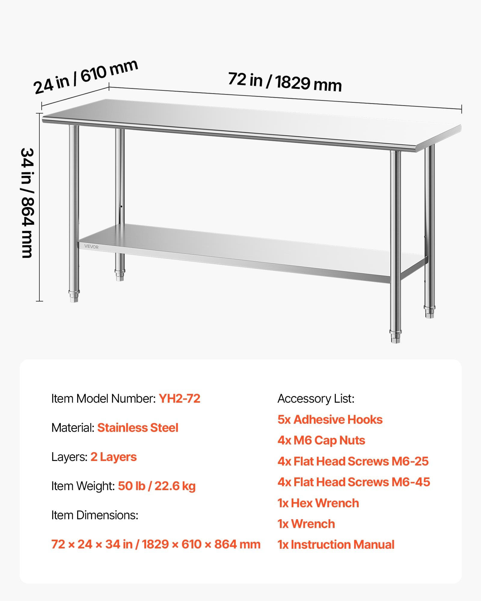 VEVOR Mesa de Preparación de 2 Niveles 182,9 x 61 x 86,4 cm, Mesa de Trabajo de Acero Inoxidable, con Estante Inferior Ajustable, Bordes Redondeados, para Restaurantes, Hoteles, Cocinas, Garajes