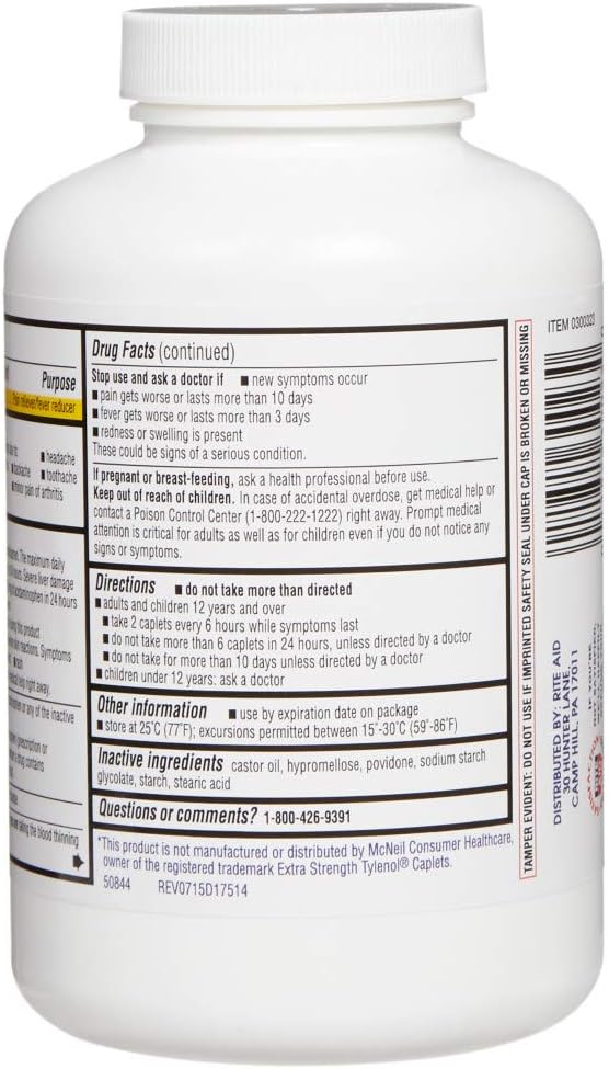Rite Aid Extra Strength Acetaminophen, 500mg - 500 Caplets | Pain Reliever & Fever Reducer | Migraine Relief Products | Joint & Muscle Pain Relief Pills | Menstrual Pain Relief | Back Pain Relief : Health & Household