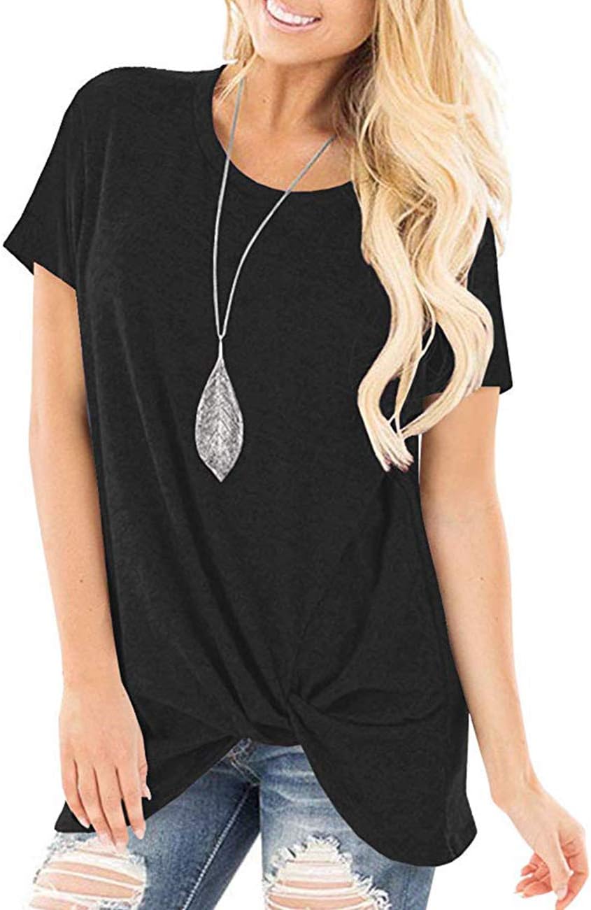 Weilim Women's Casual Short Sleeves Knot Side Twist Blouse Top Black S