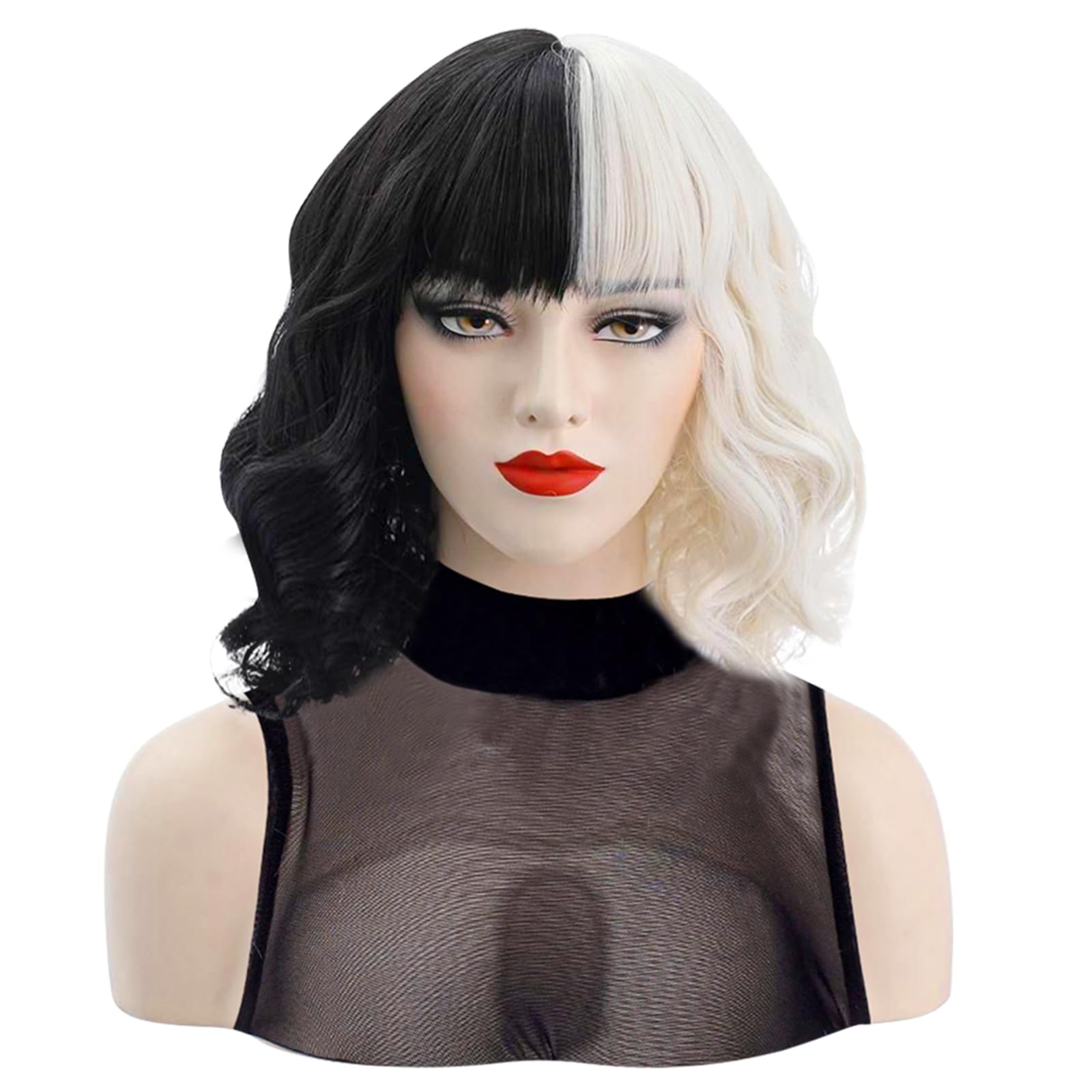 Aomig Short Black and White Wig, Medium Long Curly Wavy Wig, Half Black Half White, Cosplay Party Costume with Hairnet