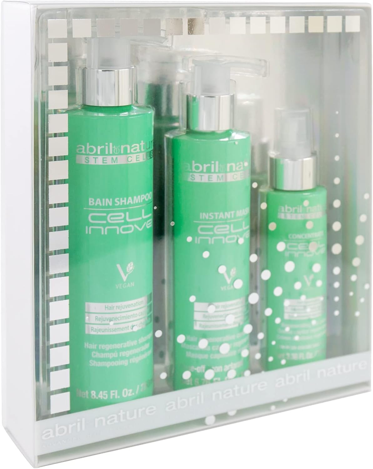 abril et nature - Set de Soins Capillaires Professionnels Régénérants - Cell Innove - Pack Shampooing, Masque et Sérum pour Cheveux - Avec Cellules Souches Végétales - Régénère et Rajeunit - 550 ml