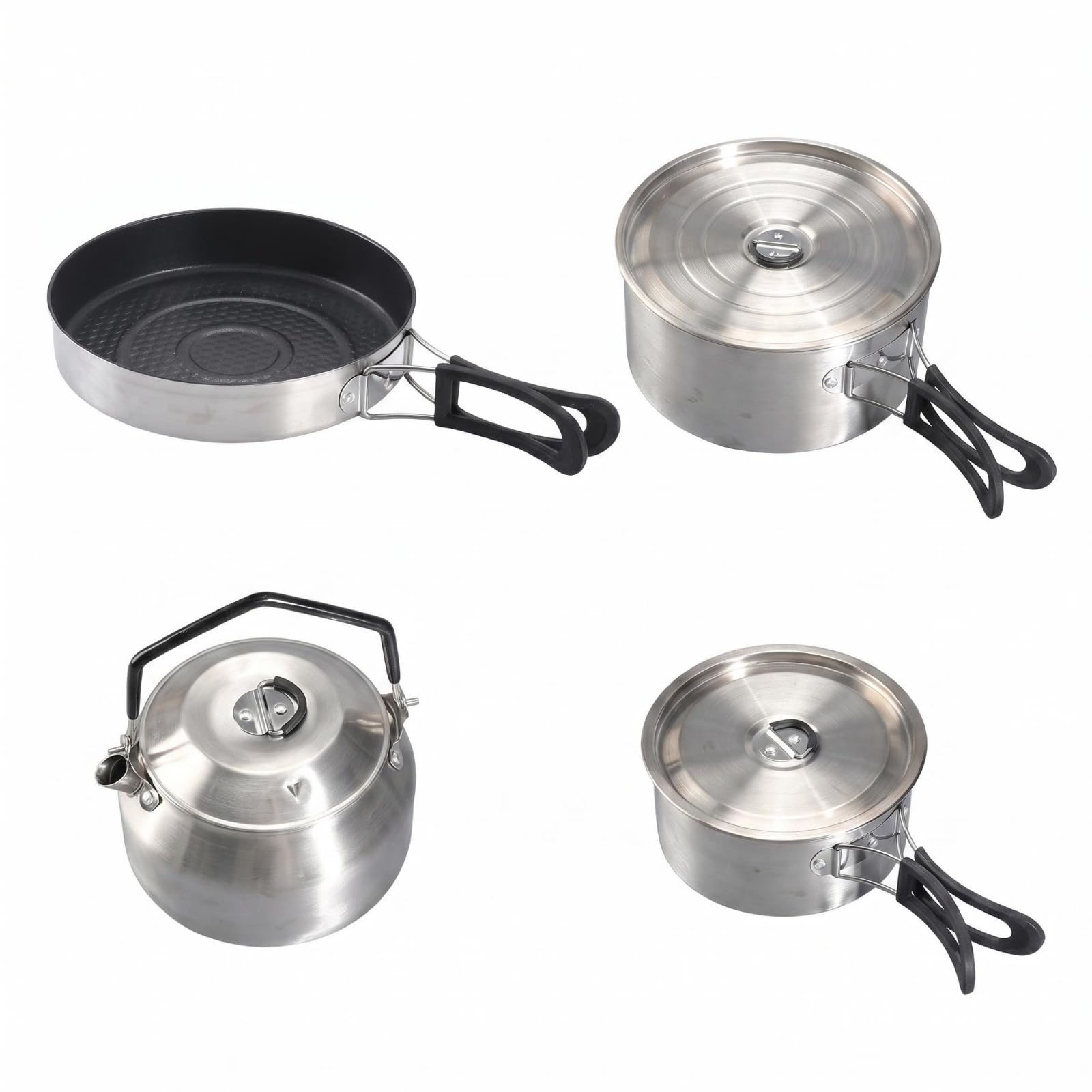 LOVIVER 4 Piezas Utensilios de Batería Portátil Olla Sartén y Tetera Acero Inoxidable 304 con Abatibles Adecuado para Camping Rutas Mochilero