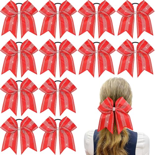 VOBOBE 12PCS Large Cheer Hair Bows for Cheerleader Red 8 Glitter Rhinestones Grosgrain Ribbon Elastic Band Ponytail Holder Hair Tie for Girls Cheerleading Soccer Basketball Sport Competitions (Red)