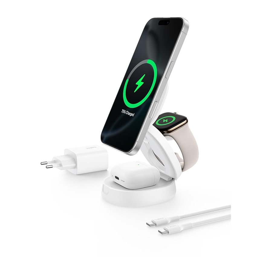Belkin BoostCharge Caricatore Wireless Compatibile con MagSafe, Stazione di Ricarica wireless 3 in 1, Qi2 15 W per iPhone 17, Air, Apple Watch, AirPods, Pixelsnap, alimentatore da 36W - Bianco