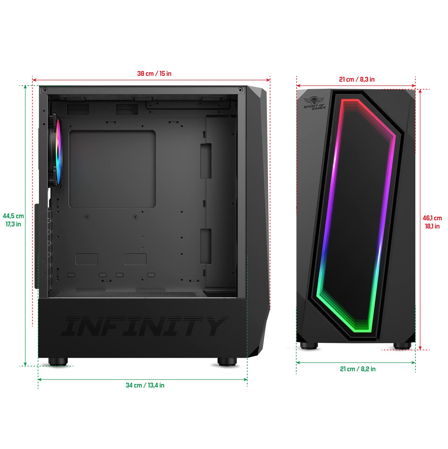 Spirit of Gamer - Infinity Black | Caja para PC Gaming RGB Mid ATX | Torre de PC para Gaming vacía con Pared Lateral de Vidrio Templado | ATX, mATX, ITX Compatible | 2 Ventiladores de 120 mm de los