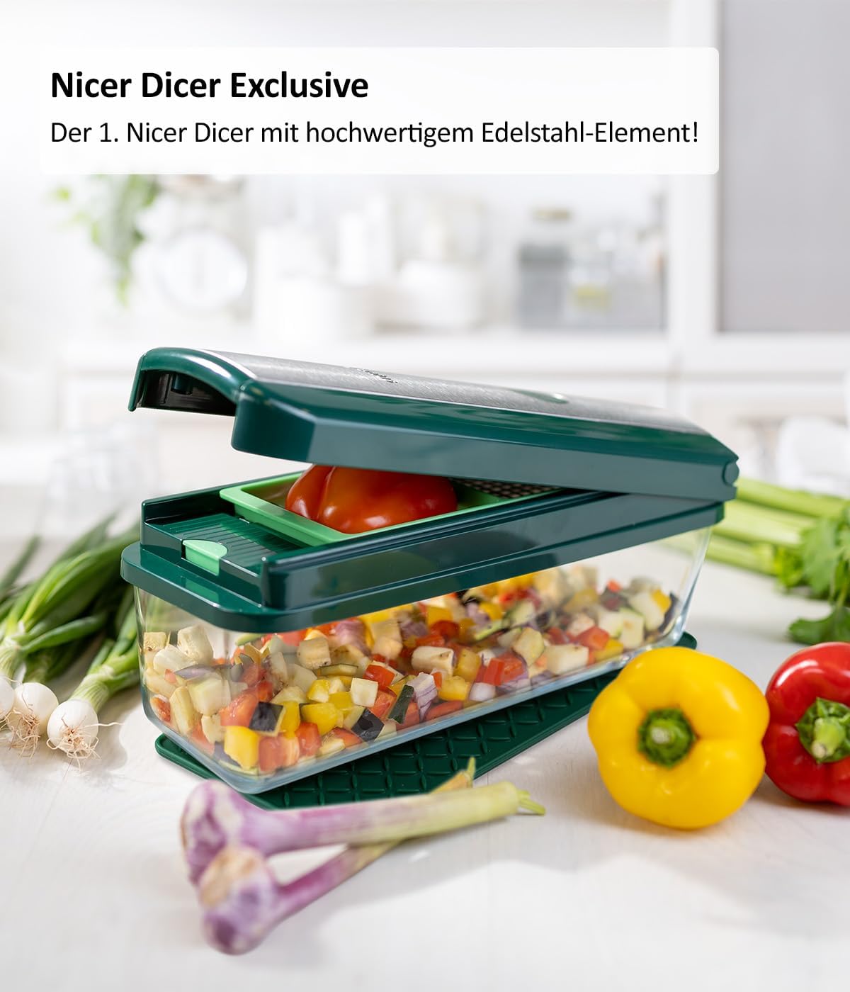 Genius Nicer Dicer Exclusive 15-Piece Vegetable Cutter Set, Green Stainless Steel Body & Blades, Includes Tomato Cutter, Coarse Grater & Slicer, Collection Container 2500 ml