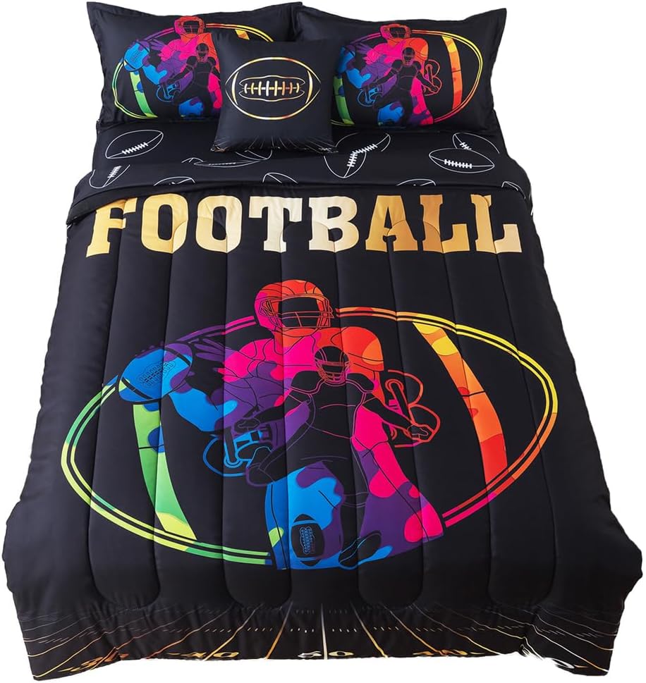 ADASMILE A & S Football Comforter Set Twin for Boys Kids American Football Bedding Sets 6 Pieces Sports Gaming Themed Bed in A Bag with Black Rugby Sheets and Pillowcases All Season Home Decor