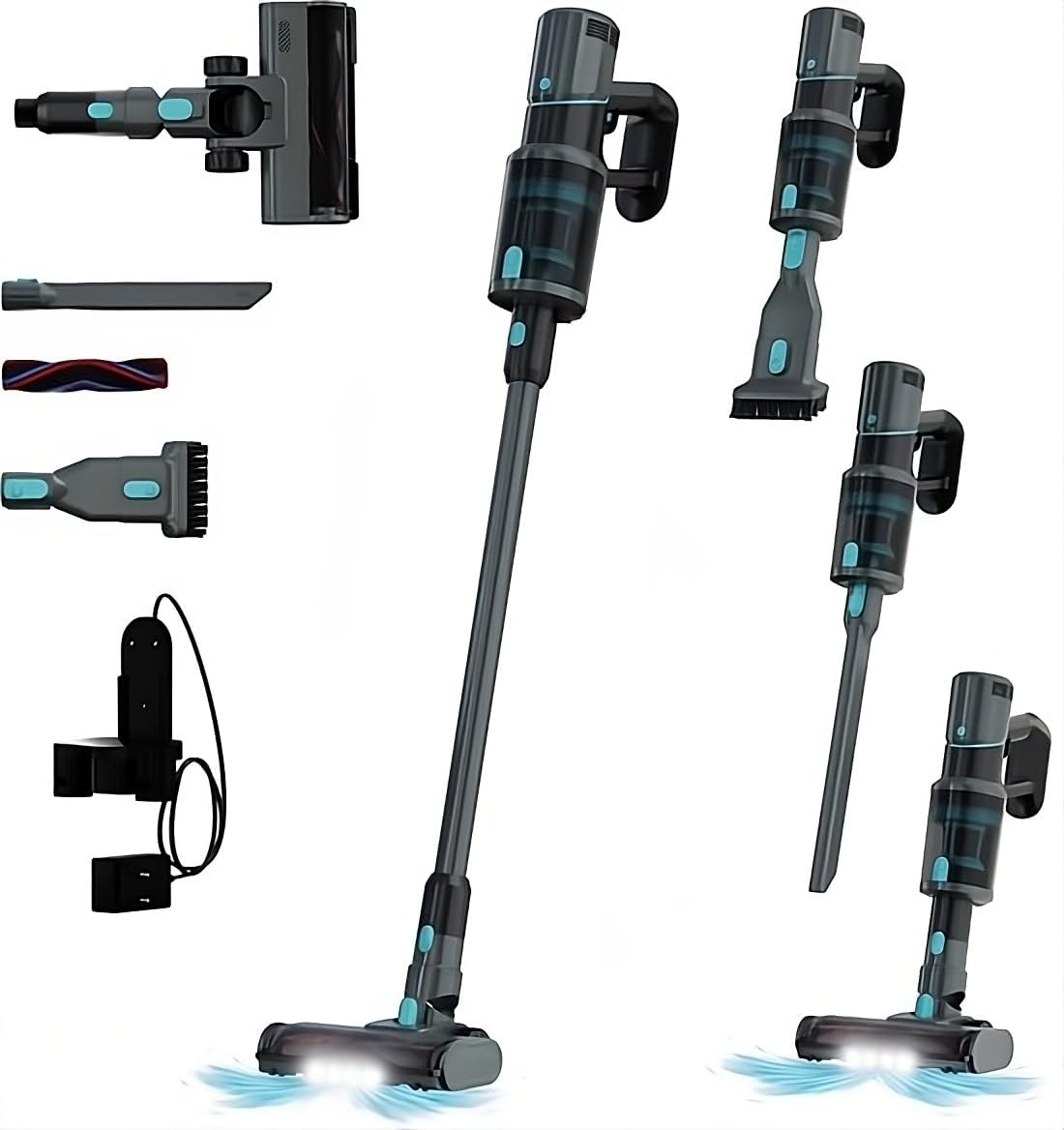 Achaté Cordless Stick Vacuum Cleaner and all included attachments