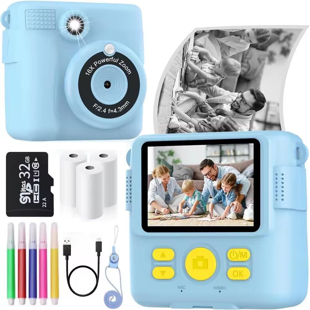 Instant Print Camera for Kids, Mini Thermal Printing Camera, No Ink Required, HD Digital Video 1080P HD Cameras for Toddler, 32G TF Card, 3 Print Paper, Gift for Boys Girls (Blue)