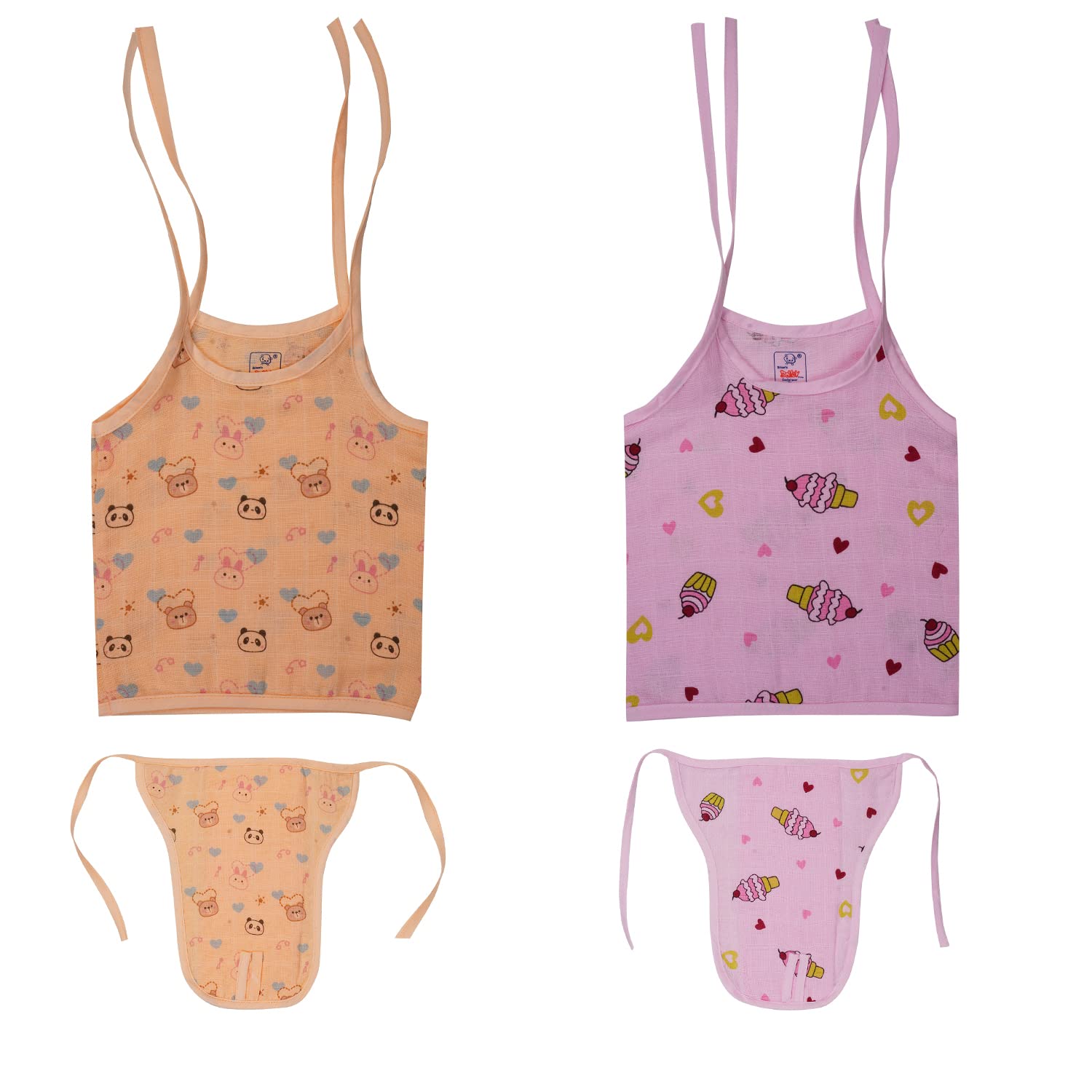 Dolley Pack of 2 Baby Muslin Cotton Printed Roped Jabla&Nappy (Orange;Pink, 0-6month)-image-23