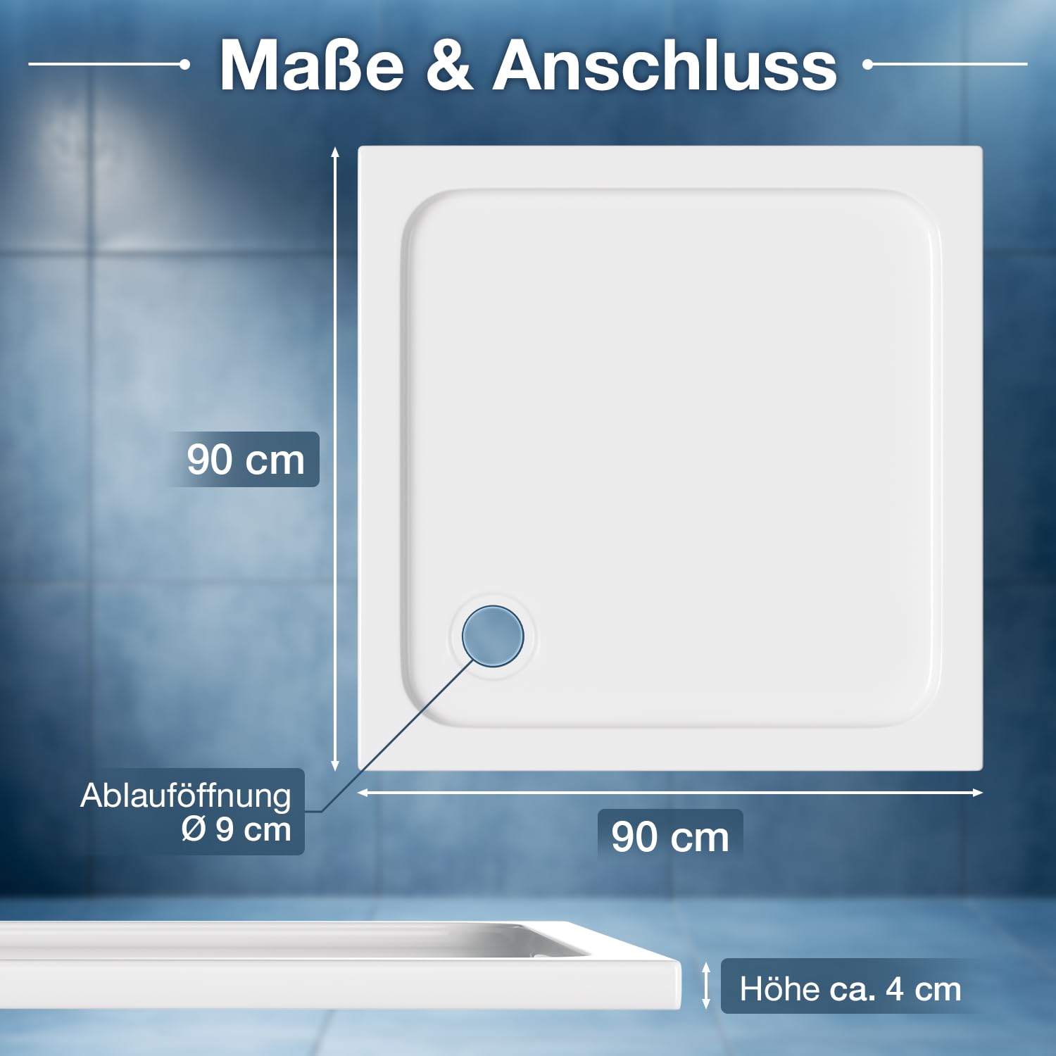 Duschwanne 90 x 90 cm, 4 cm flach aus Acryl,quadratische