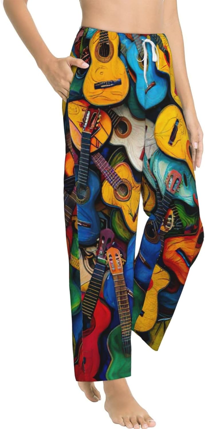 Color Acoustic And Guitars Print Fashion Cozy Womens Flannel Pajama Pants,Perfect For Christmas And Everyday Wear