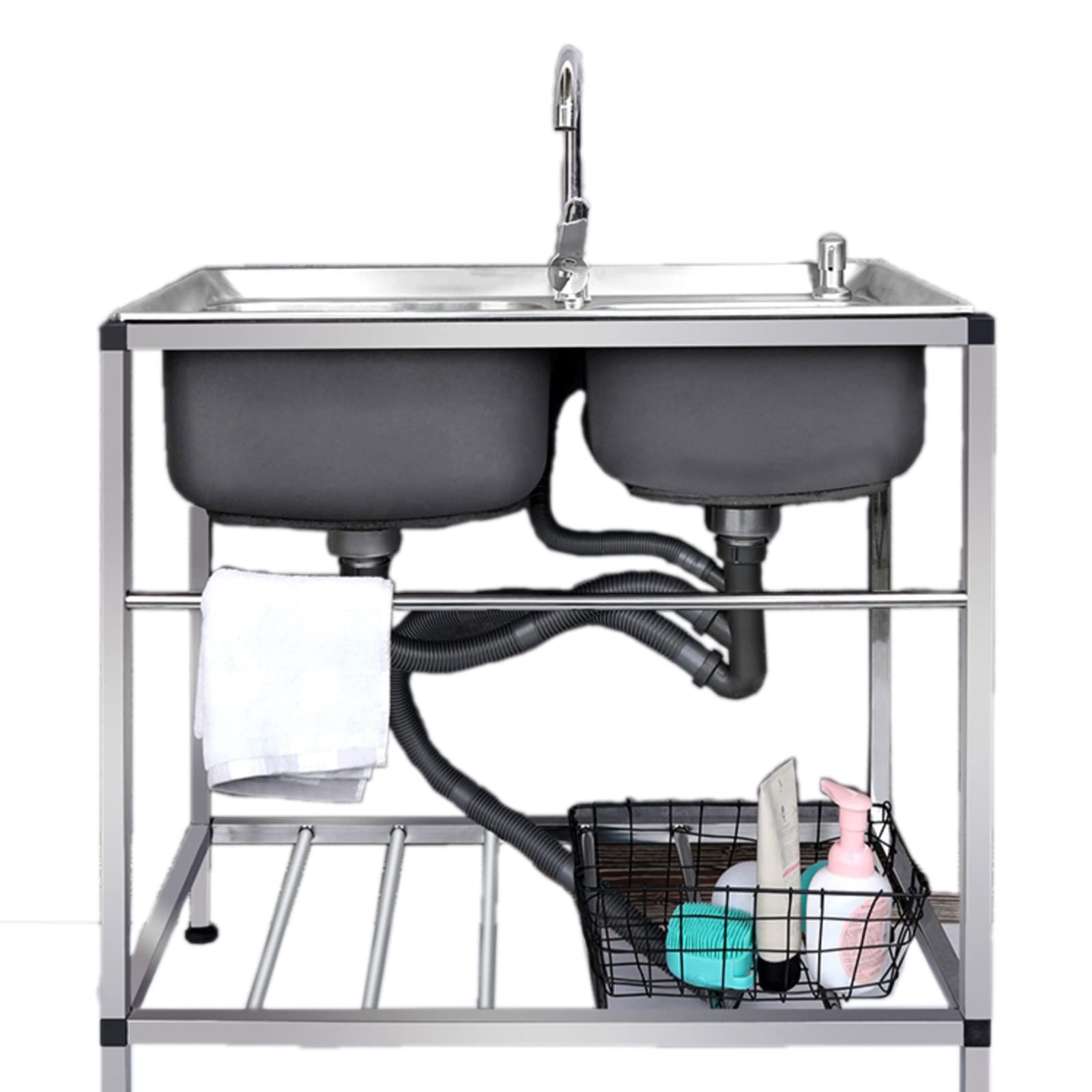 HCZKIUJY Kitchen Utility Sink,Kitchen Sink,Freestanding Sink Commercial,Outdoor Utility Sinks,Commercial Restaurant Set w/Faucet & Drainboard,for Bathroom Farmhouse Laundry (45X80X75cm)