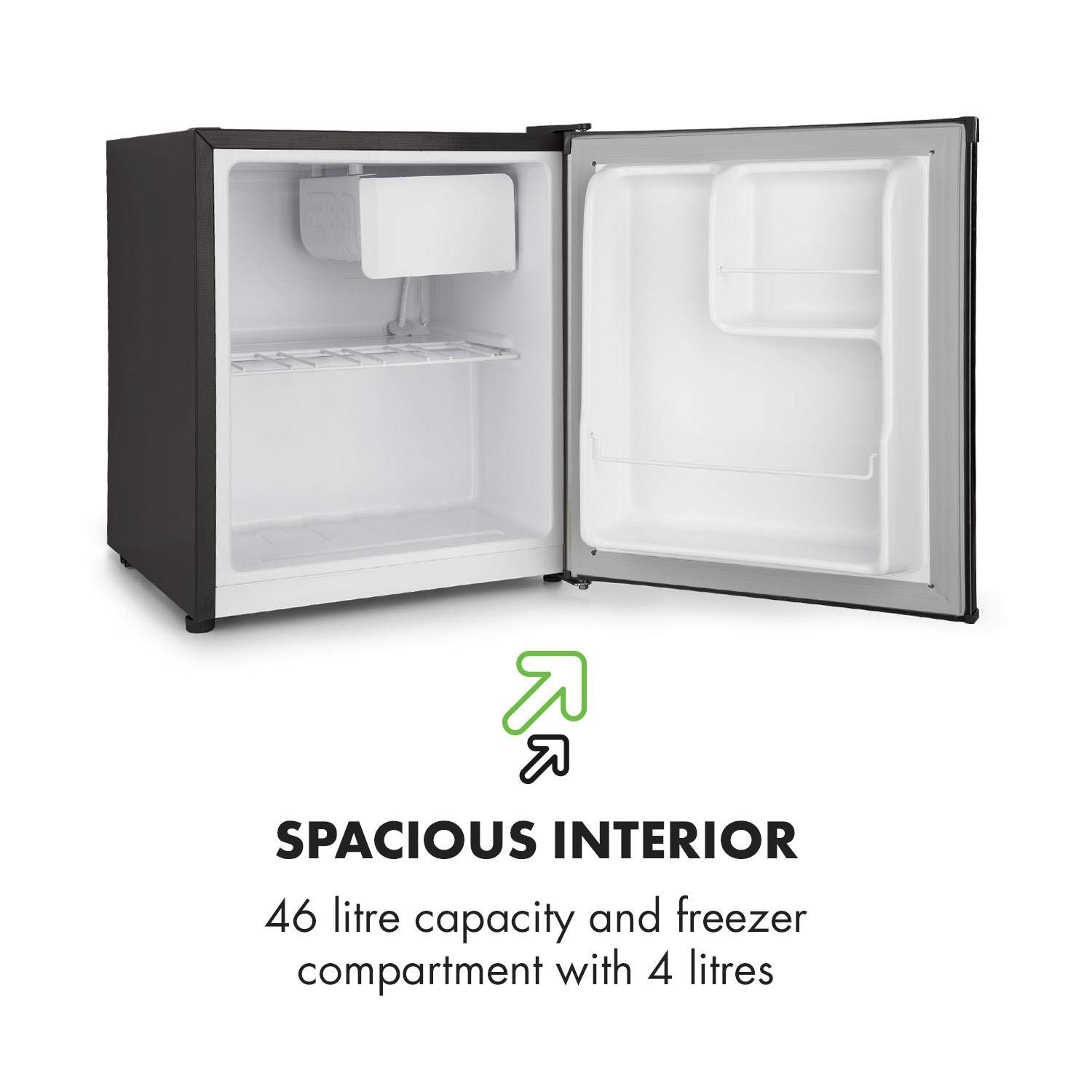 KLARSTEIN Snoopy Eco Mini Frigorifero con Congelatore, Capacità 46 L, Vano Congelatore 4 L, 41 dB Silenzioso, Basso Consumo 84 kWh/anno, Nero