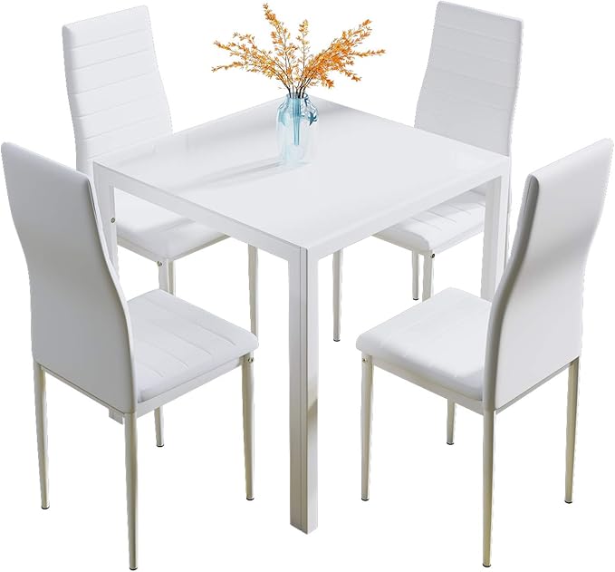 Jooli Glass Table and Chairs Set 4, 75cm Square Table with 4 Faux
