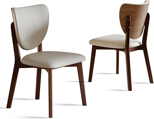 Miniatura 9 de Juego de 6 sillas de comedor de madera maciza, sillas de comedor tapizadas de cuero, respaldo curvado ergonómico, estructura de espiga de mortaja,
