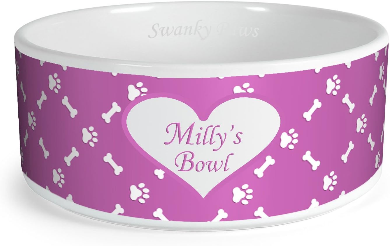 Personalised Paw & Bone Pattern Custom Design Dog Bowl Cat Pet Food Dinner Dish (Small, Pink)