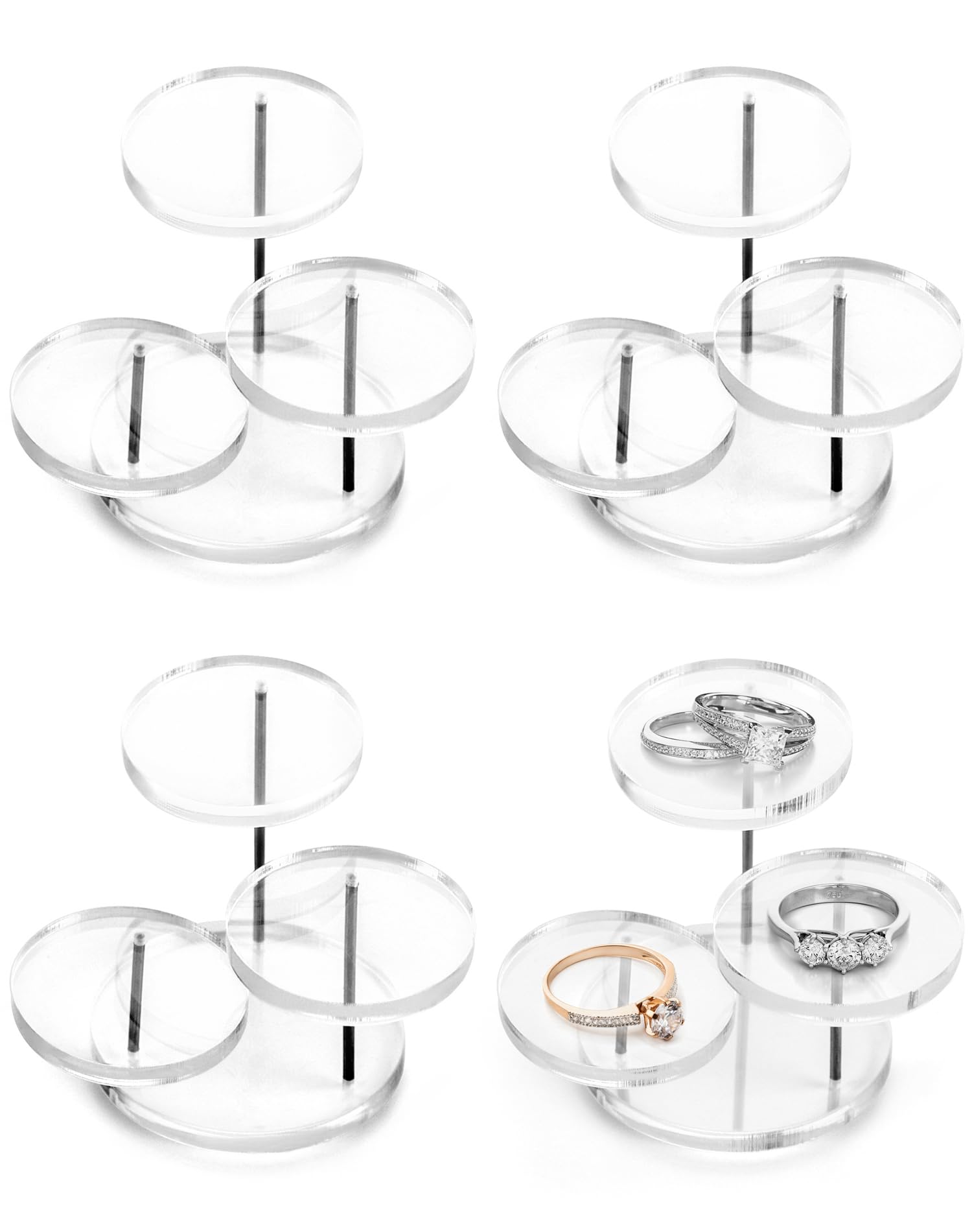 QWORK Round Acrylic Products Display Riser Stands, 3 Tier Jewelry Display Stands for Rings Earrings,Mini Figurines, Clear, 4 Pack