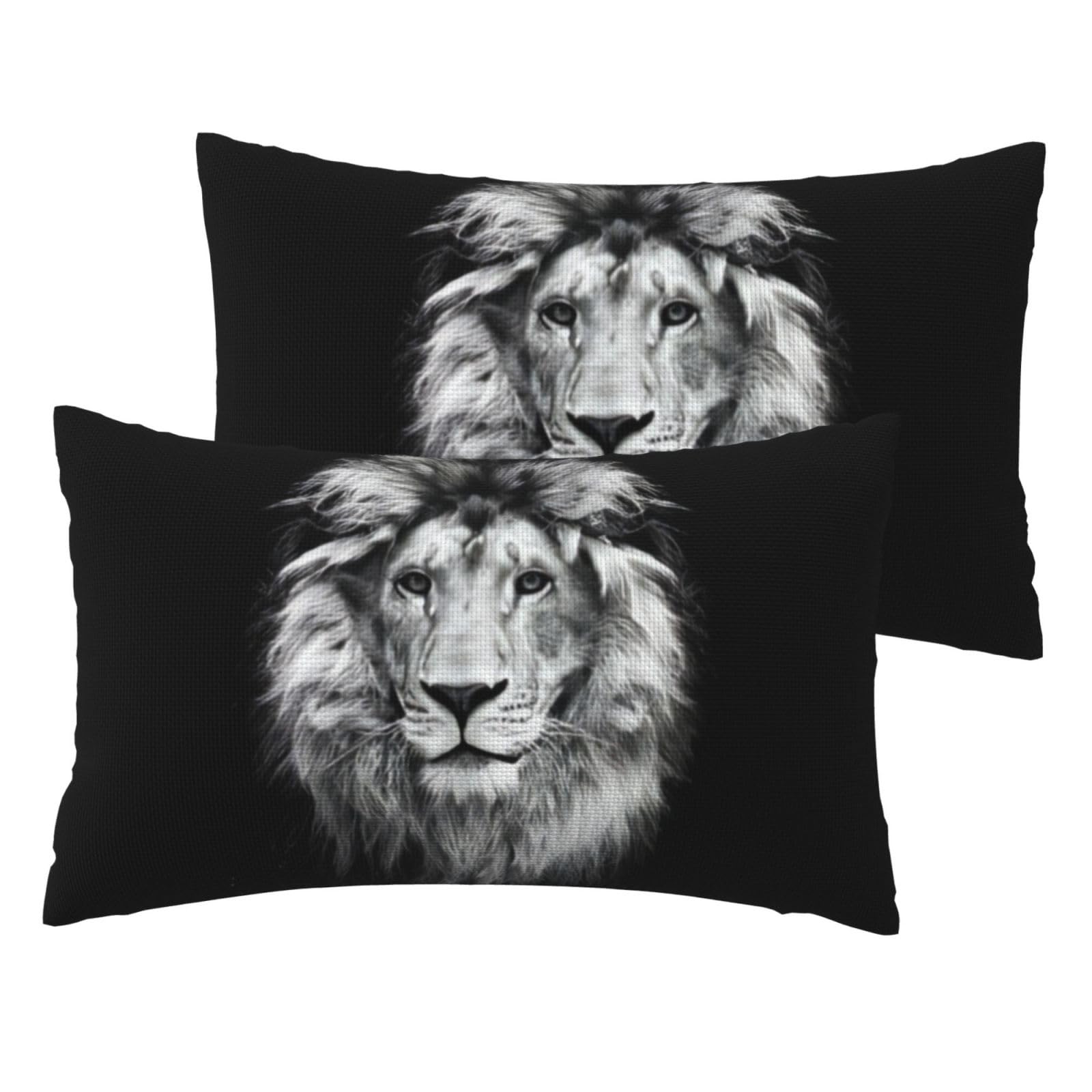 Taies d'oreiller effet lin imprimé lion : lot de 2 housses de coussin déco pour salon et chambre